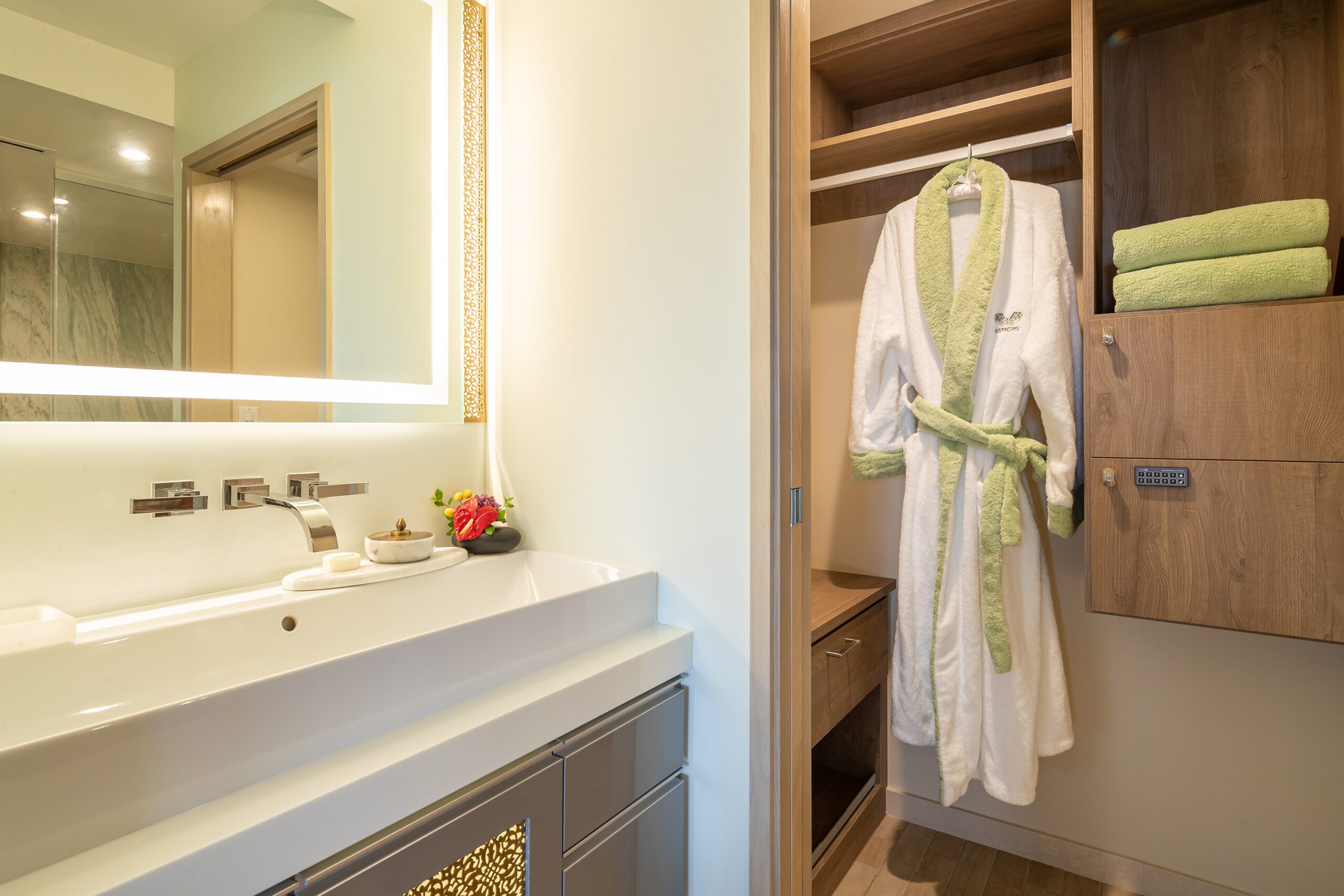 Bathroom with sink, closet, and bathrobe.