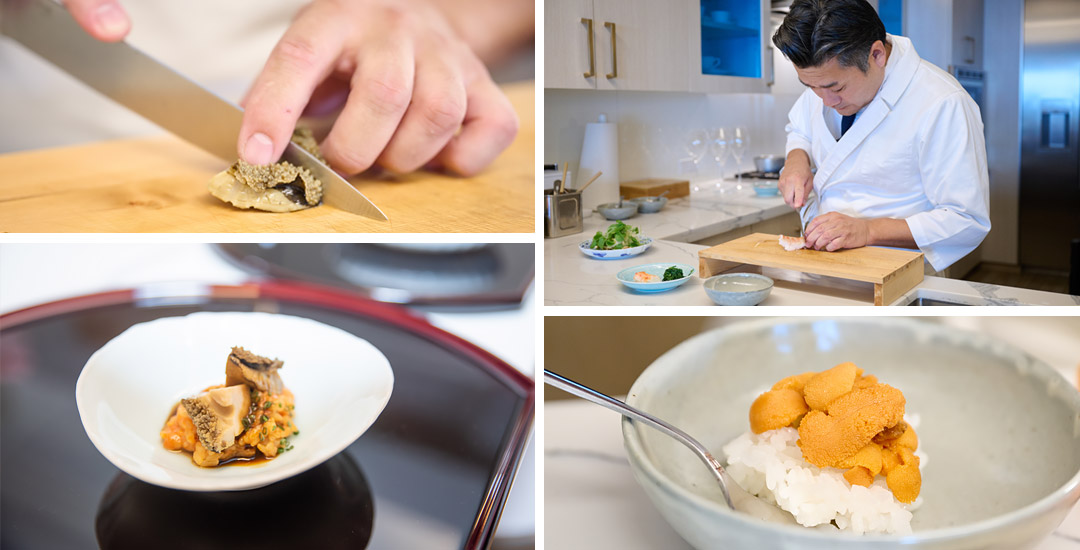 Collage of images showing Chef Tatemori preparing and presenting a variety of dishes showcasing his culinary talent.