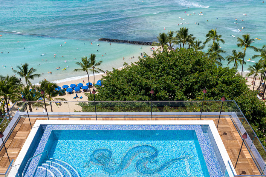Waikiki Beach view from the infinity pool deck.