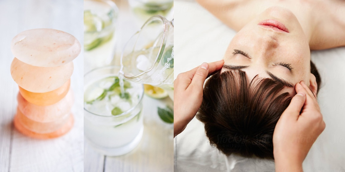 Collage of spa items and woman receiving facial.