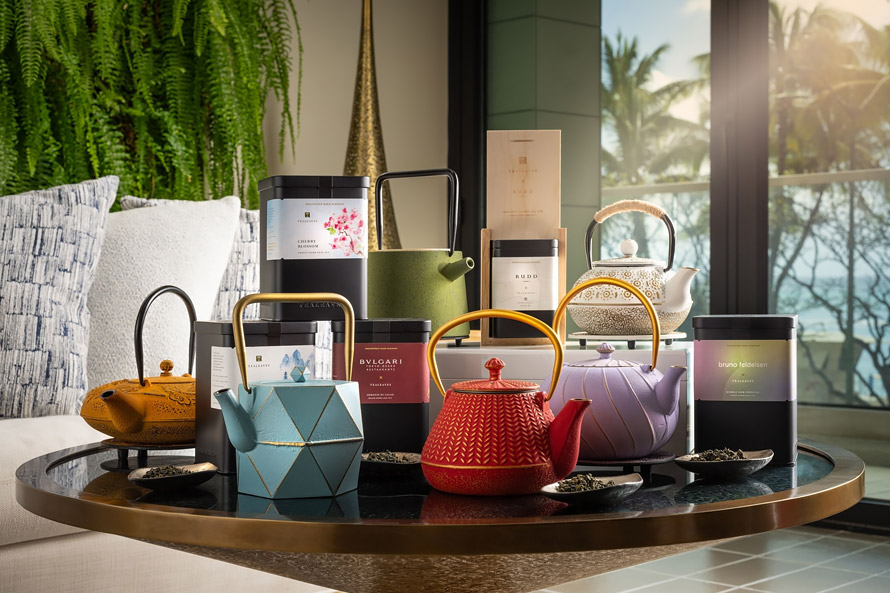 Collection of unique tea kettles and teas for Afternoon Tea at Mugen.