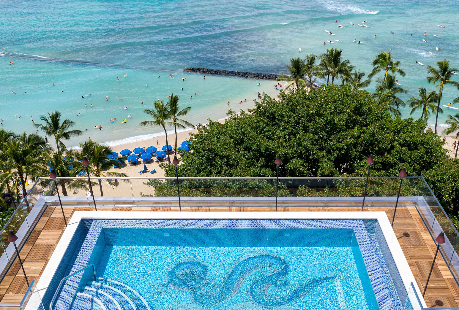 Overhead view of the rooftop infinity pool which overlooks Waikiki Beach.