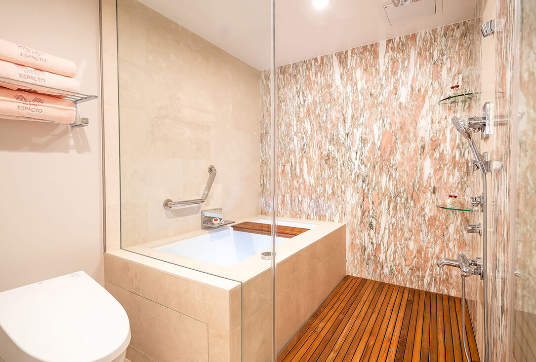 Bathroom with a toilet, deep soaking tub, and shower.